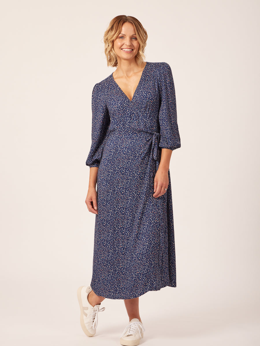 Natalie - Long Sleeved Midi Wrap Dress - Navy with Dots