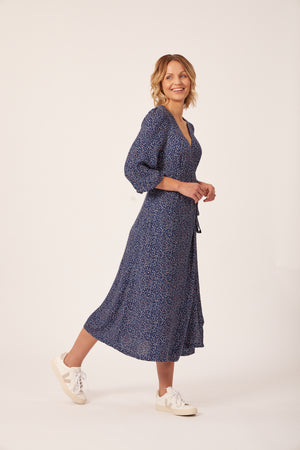 Natalie - Long Sleeved Midi Wrap Dress - Navy with Dots