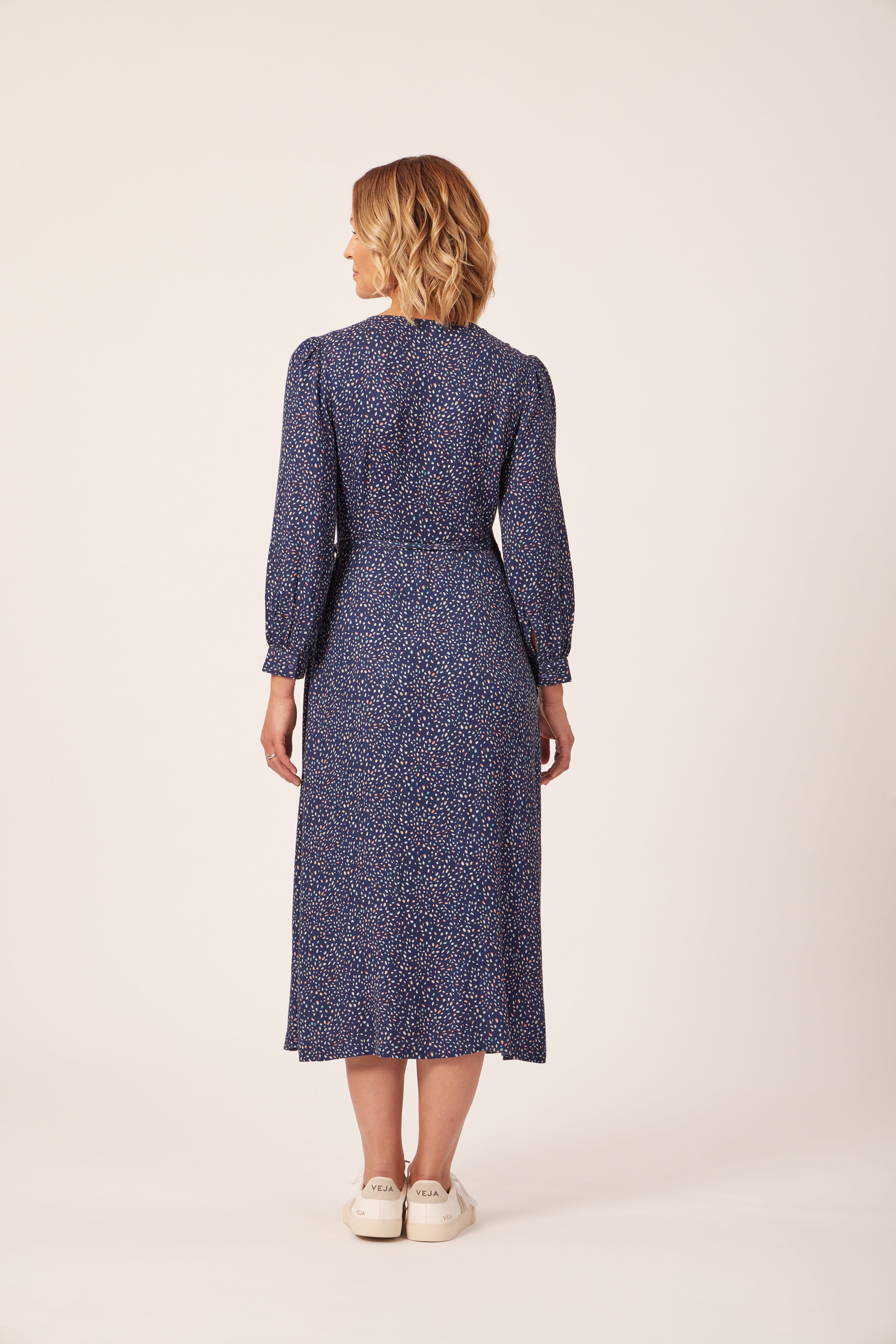Natalie - Long Sleeved Midi Wrap Dress - Navy with Dots – This is