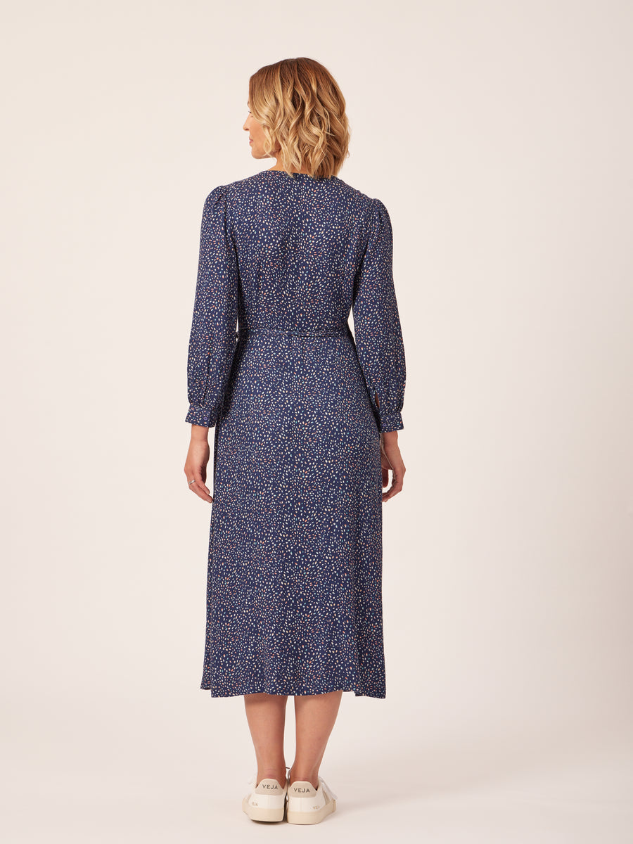 Natalie - Long Sleeved Midi Wrap Dress - Navy with Dots