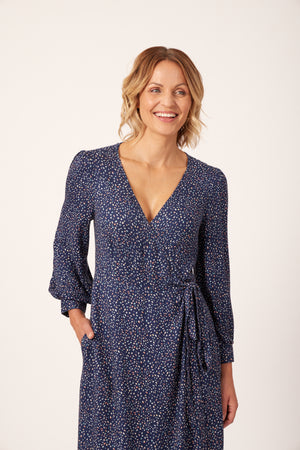 Natalie - Long Sleeved Midi Wrap Dress - Navy with Dots