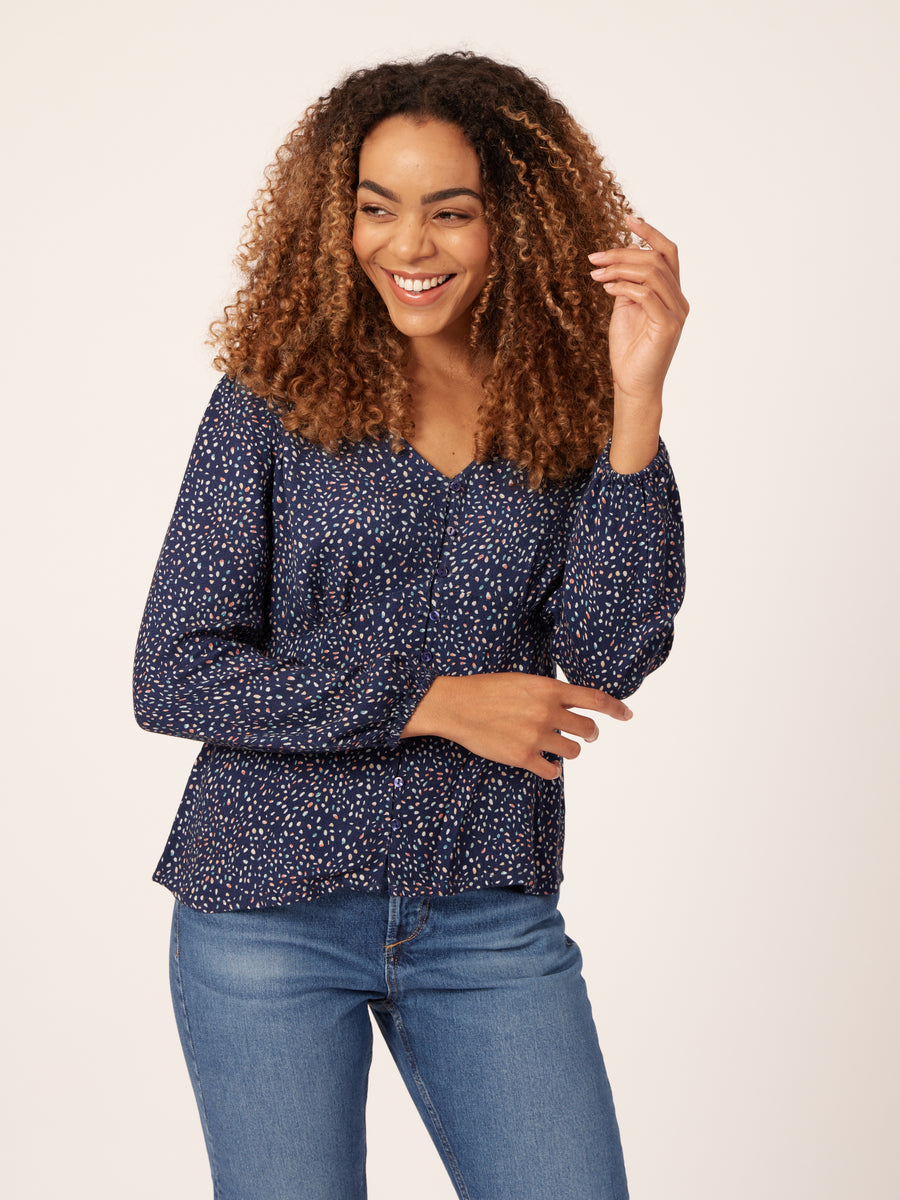 Romana - Long Sleeved Button Down Blouse - Blue
