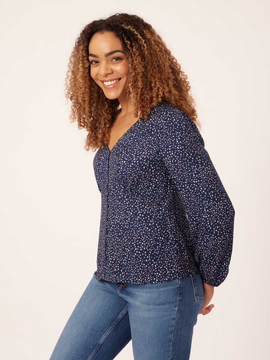 Romana - Long Sleeved Button Down Blouse - Blue