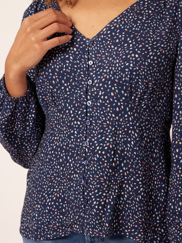 Romana - Long Sleeved Button Down Blouse - Blue