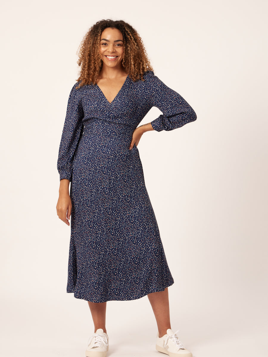 Natalie - Long Sleeved Midi Wrap Dress - Navy with Dots