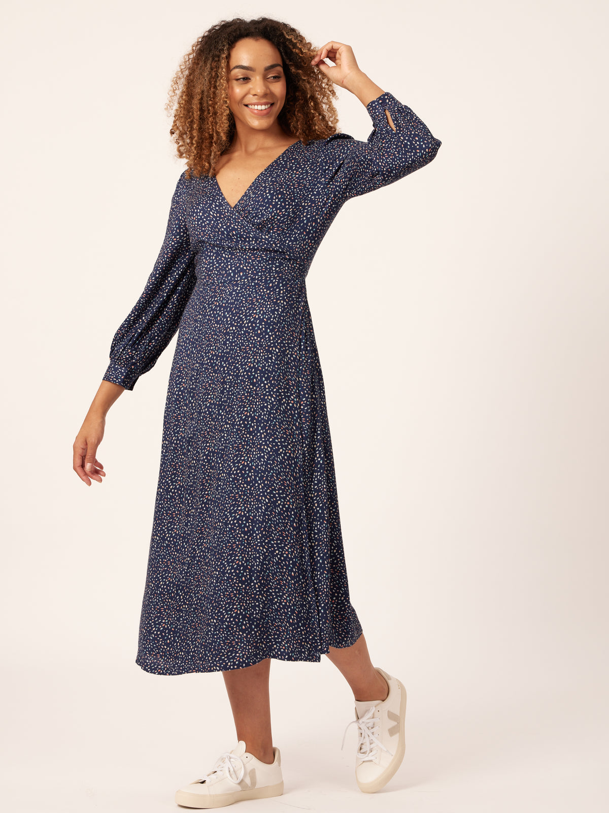 Natalie - Long Sleeved Midi Wrap Dress - Navy with Dots