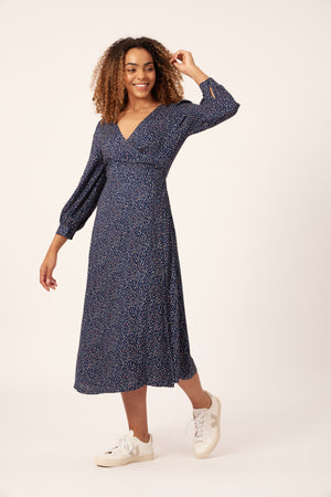 Natalie - Long Sleeved Midi Wrap Dress - Navy with Dots