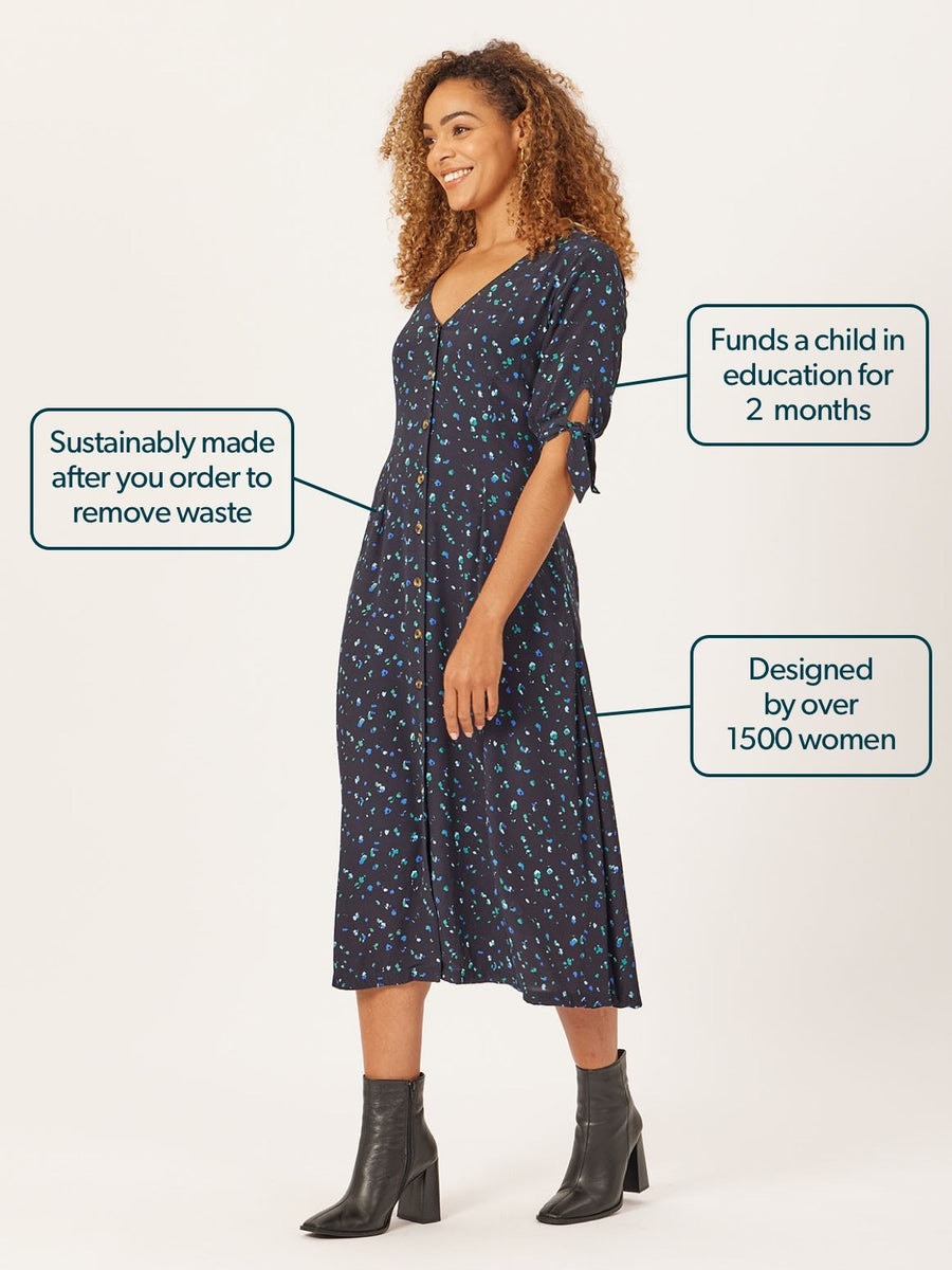 Alison - Ditsy Print Midi Dress - Black