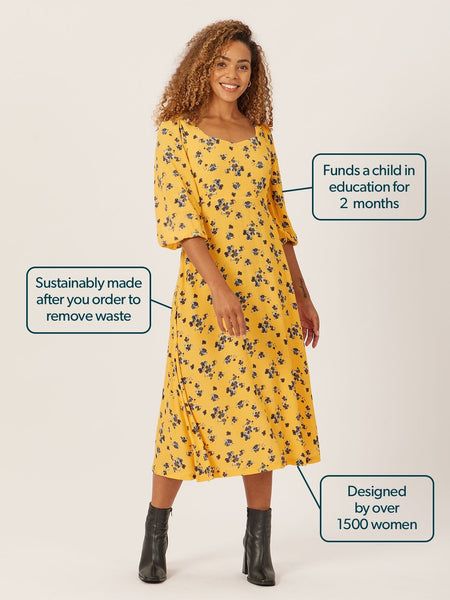 Molly - Sweetheart Midi Dress - Yellow Floral