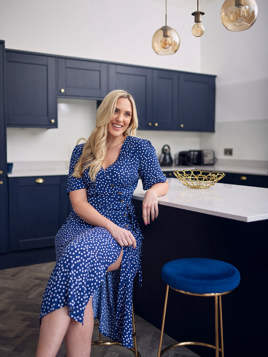 Lesley - Midi Button Wrap Dress - Blue Polkadot