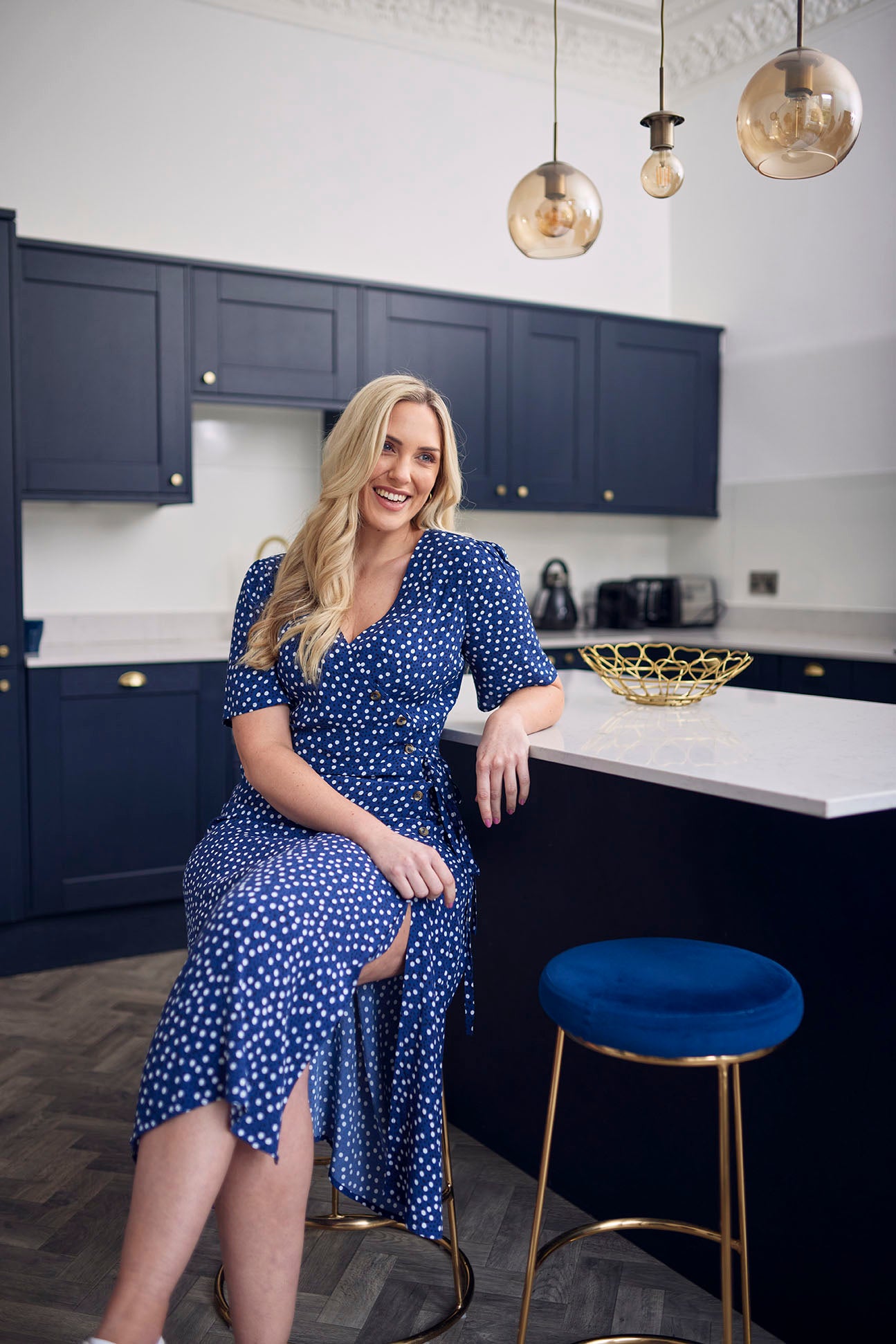 midi wrap dress blue Evening of Elegance Navy Blue Floral Jacquard Wrap Midi Dress