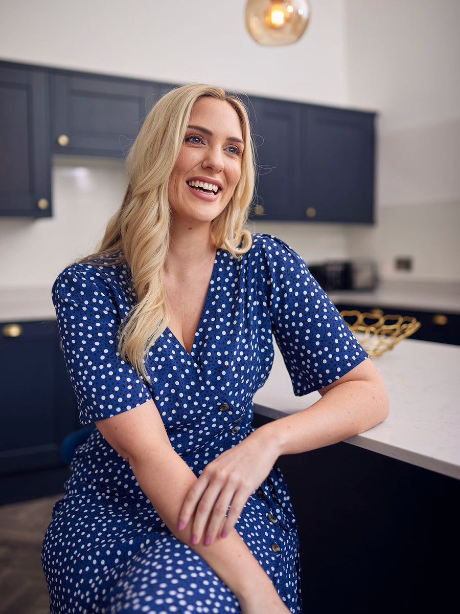 Lesley - Midi Button Wrap Dress - Blue Polkadot